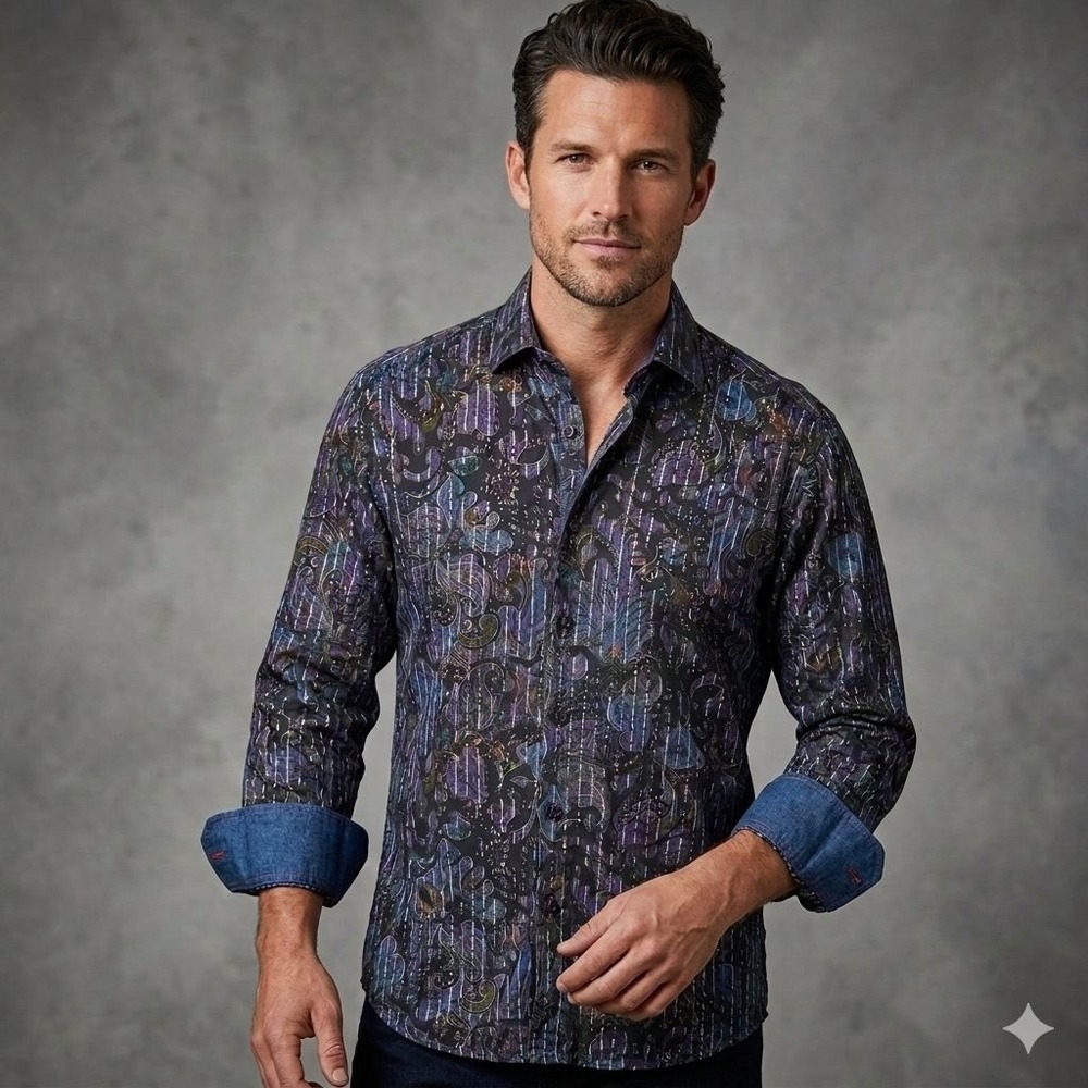 Luchiano Visconti Men Purple Paisley 2-Ply Mercerized Cotton Button Down Shirt M